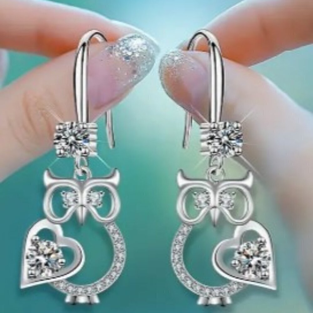 Cubic Zirconia Owl Pendant Earrings Copper Ear Needles, Synthetic Zirconia Mosai
